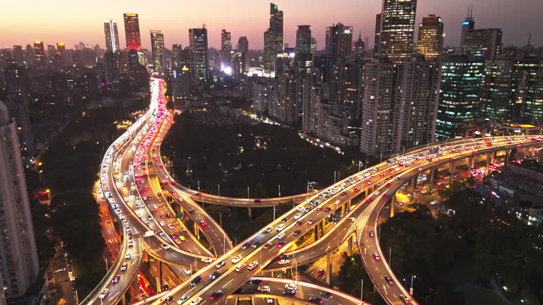 4K Aerial view Real time Footage of complex highway road junction with traffic